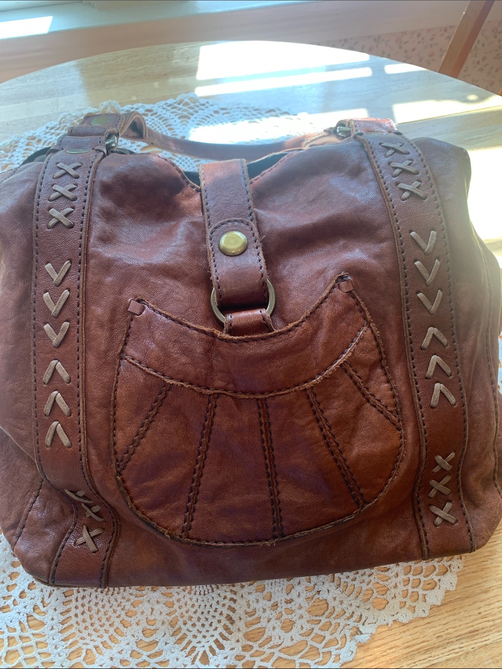 Lucky Brand Brown Leather Shoulder Bag with Whipstitch Detail